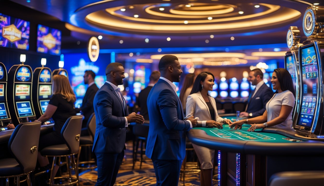 Suasana kasino modern dengan orang-orang bermain mesin slot dan meja permainan secara langsung.