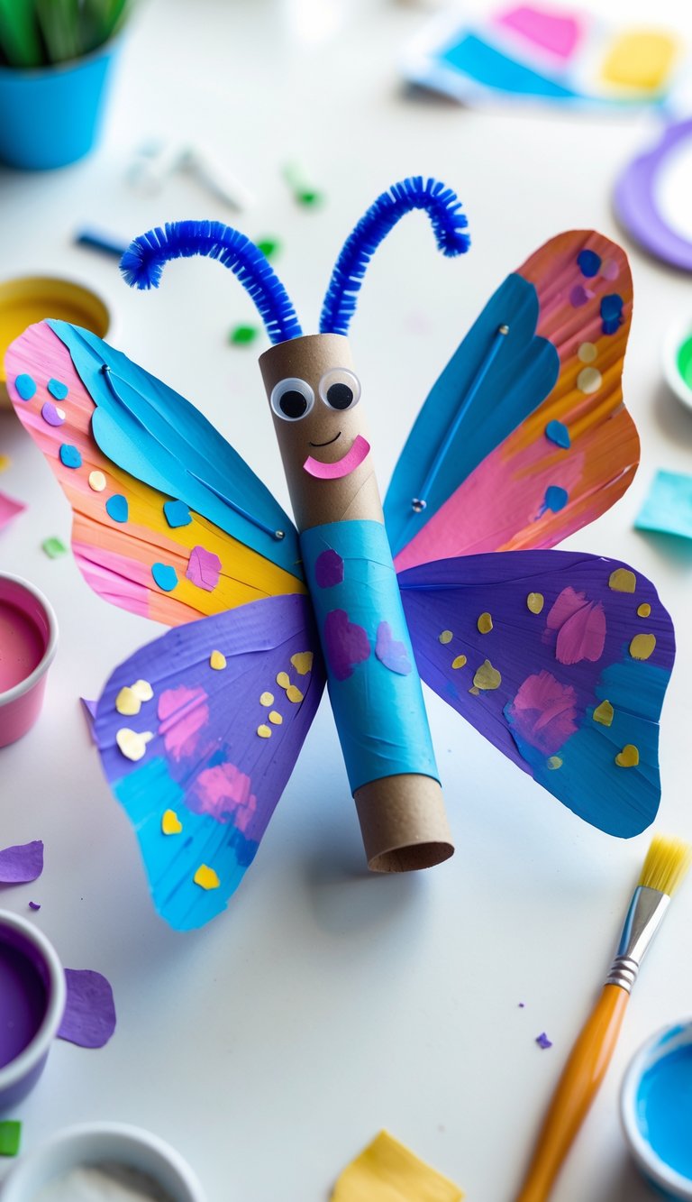 A colorful butterfly craft made from painted toilet paper rolls with crafting supplies around it on a white surface.