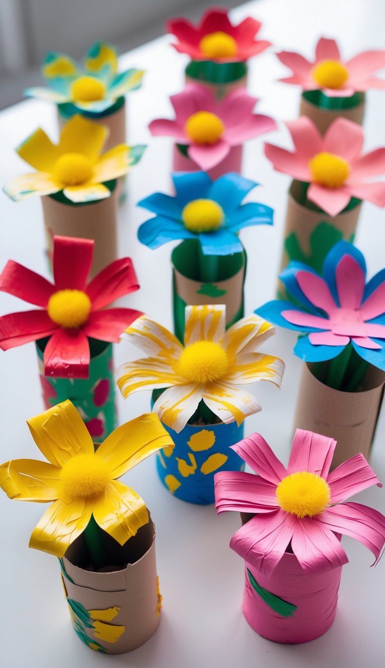 A collection of colorful flowers made from painted toilet paper rolls arranged on a white surface.