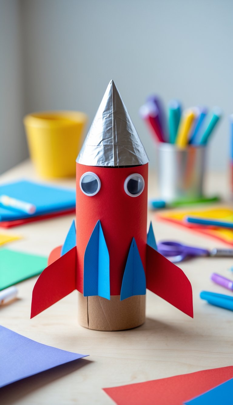 A colorful rocket ship made from a toilet paper roll surrounded by craft supplies on a wooden table.