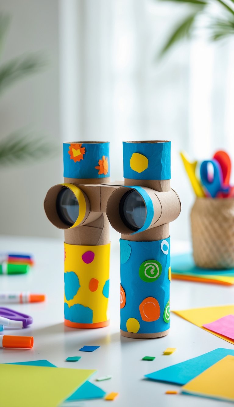 A pair of binoculars made from two toilet paper rolls on a table with craft supplies around them.