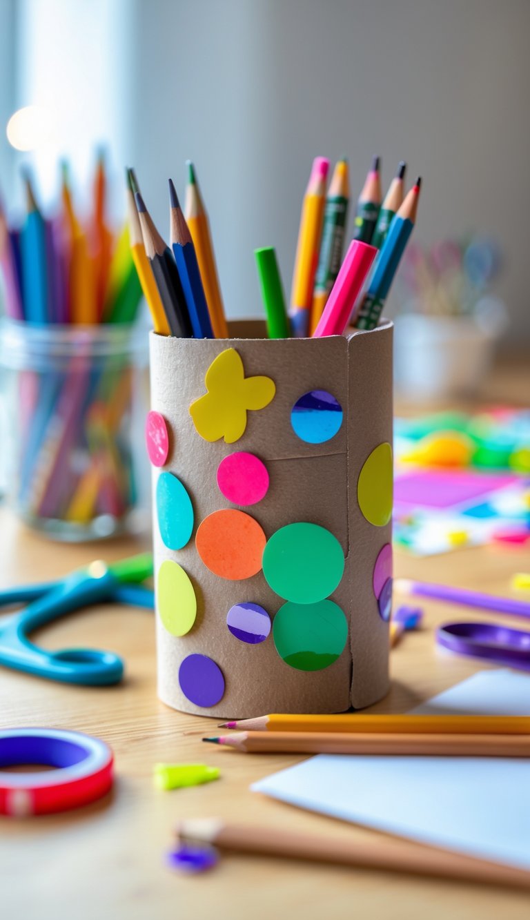 A colorful pencil holder made from a decorated toilet paper roll filled with pencils and crayons on a wooden desk with craft supplies around it.