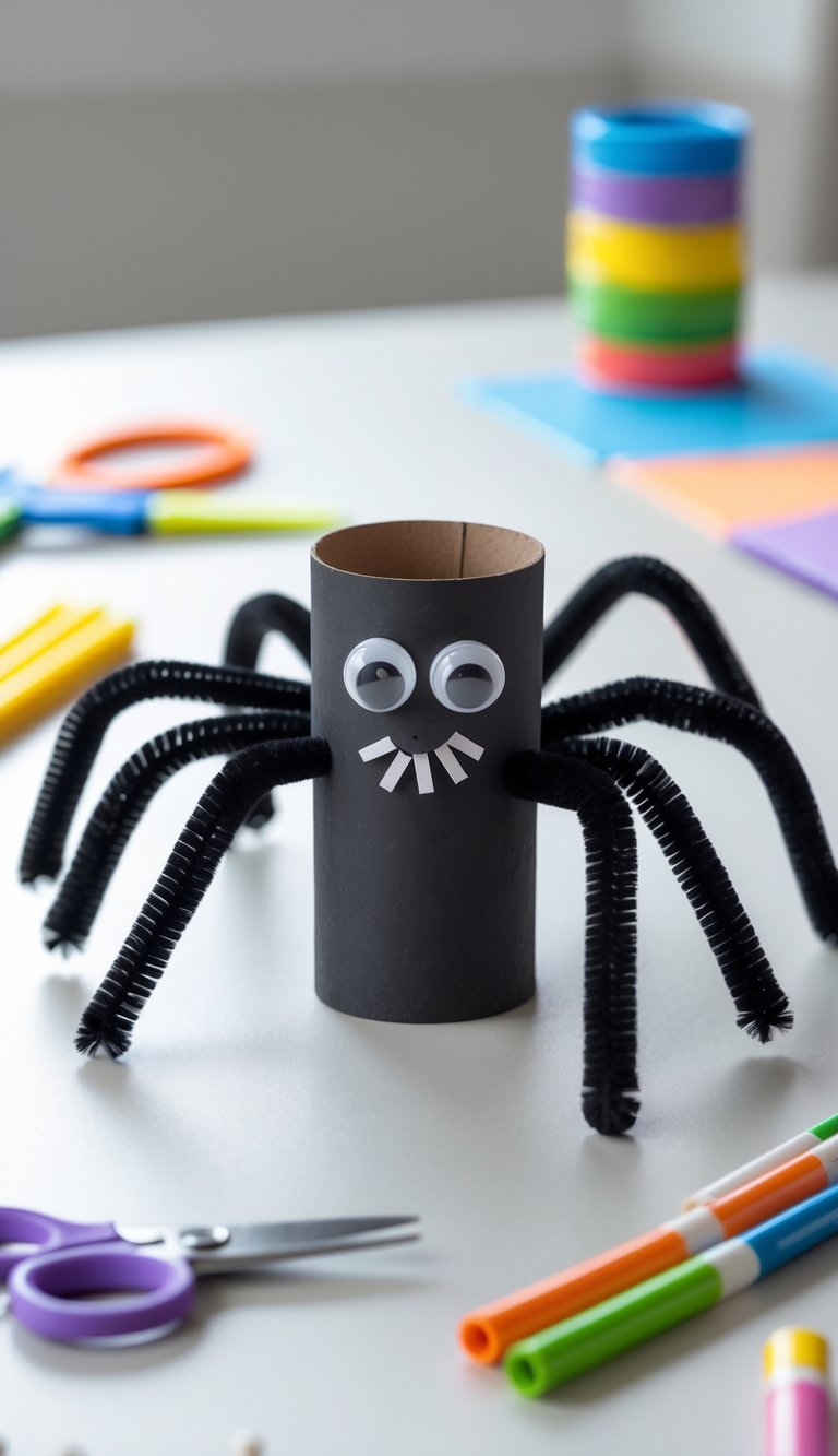 A toilet paper roll decorated as a black spider with googly eyes and pipe cleaner legs, surrounded by craft supplies on a light surface.