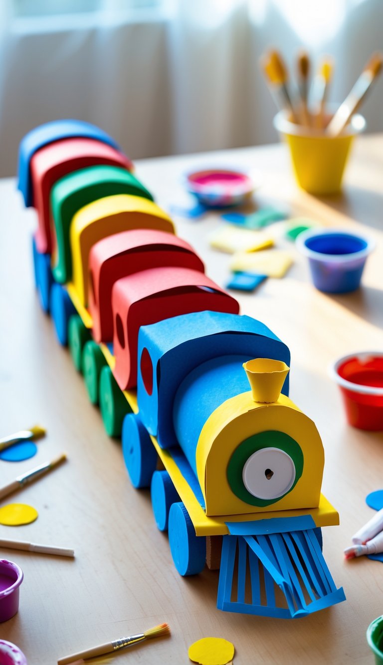 A colorful train made from painted empty toilet paper rolls on a wooden table surrounded by children's craft supplies.