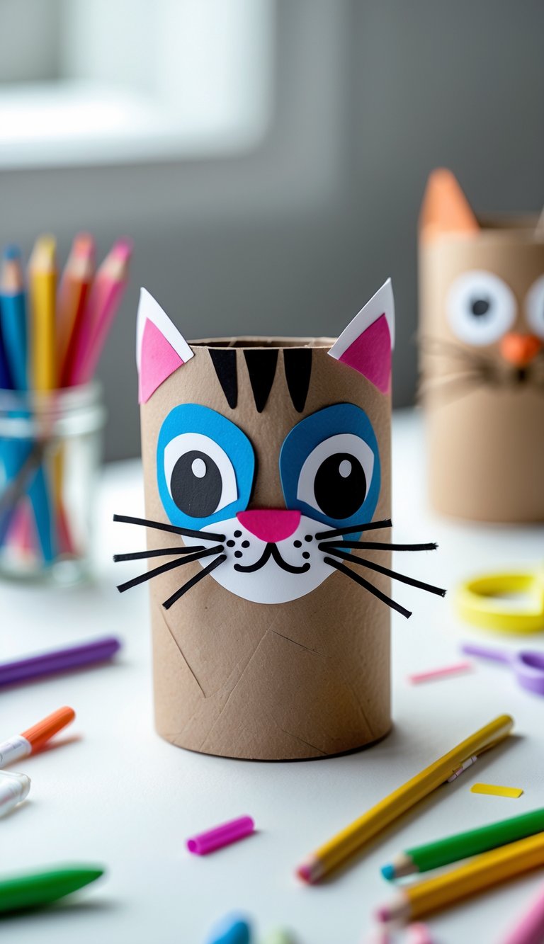 A cat mask made from a decorated toilet paper roll displayed on a craft table with art supplies around it.