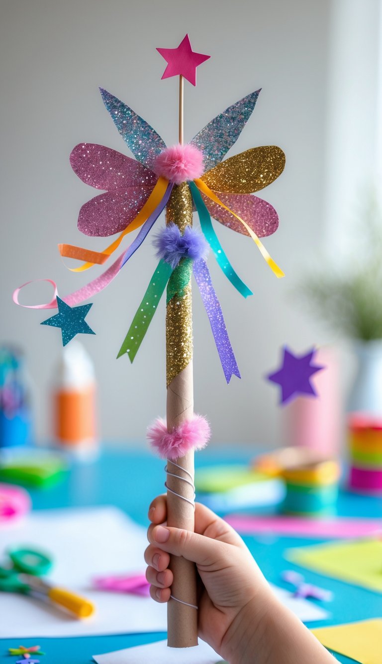 A child's hand holding a decorated fairy wand made from a toilet paper roll above a craft table with art supplies.