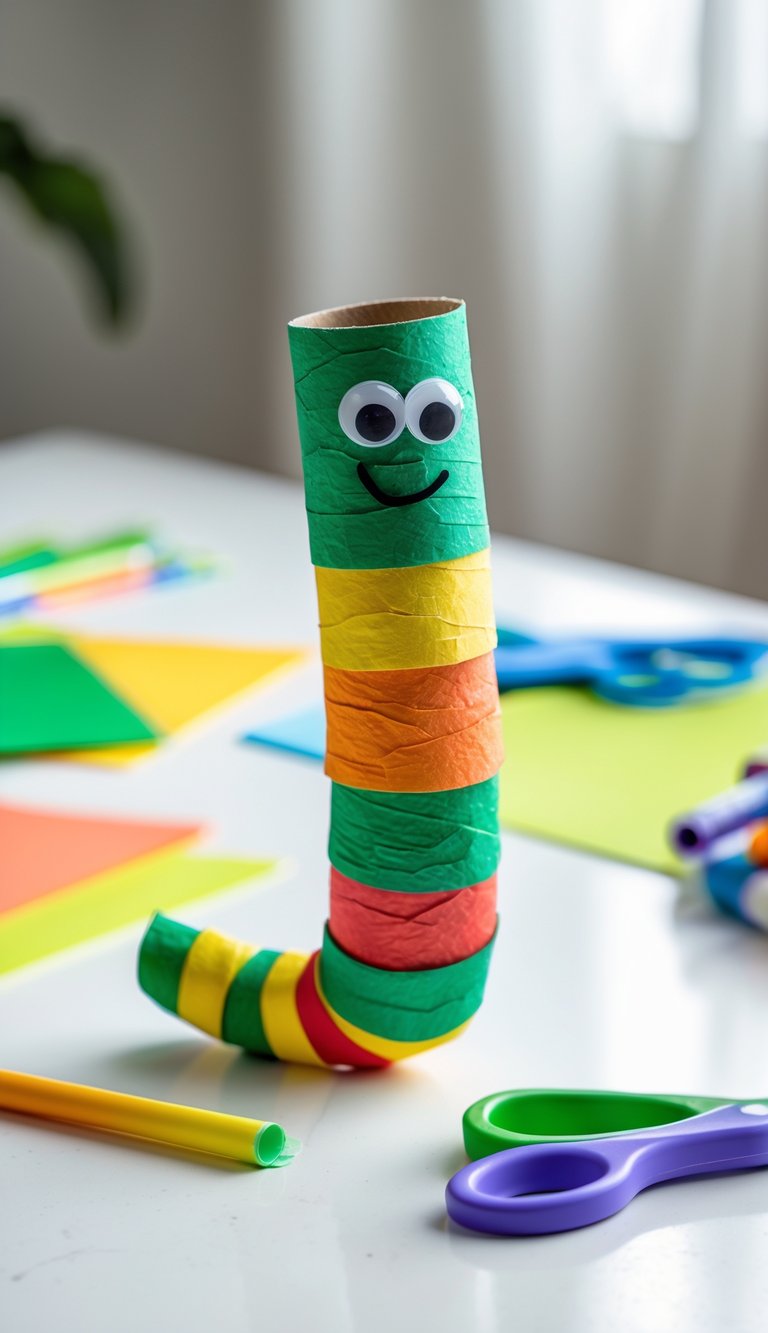 A colorful worm made from a painted toilet paper roll with googly eyes on a white surface surrounded by craft supplies.