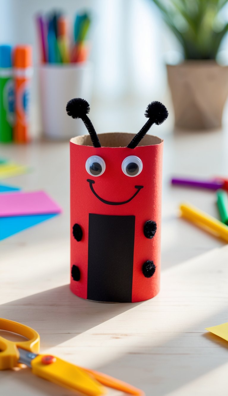 A handmade ladybug craft made from a painted toilet paper roll on a table with craft supplies around it.