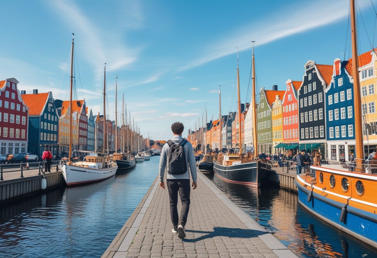 A solo traveler walking along the colorful waterfront of Nyhavn in Copenhagen on a sunny day.