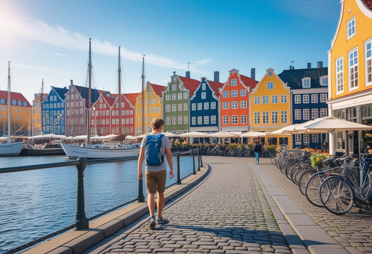 A person walking alone along a colorful waterfront street in Copenhagen with boats docked and buildings lining the canal.