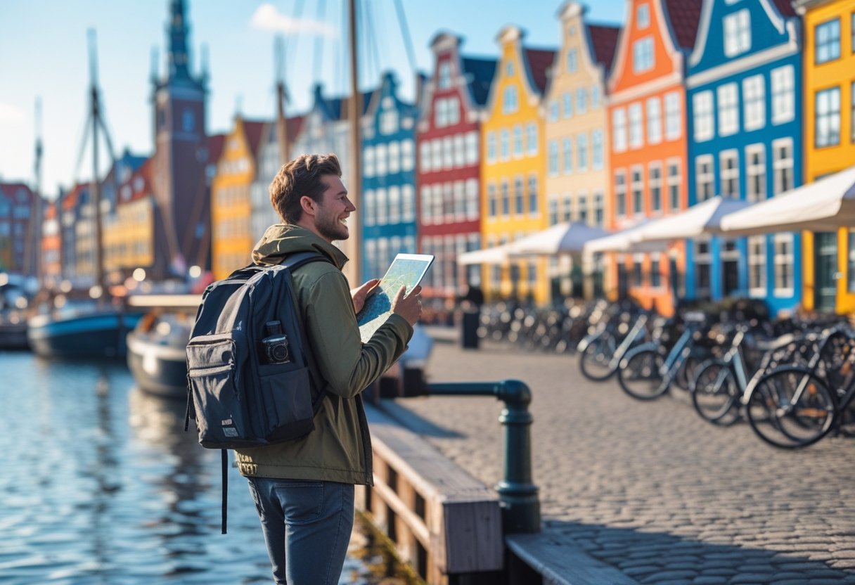 A solo traveler with a backpack walking along a colorful harbor in Copenhagen with historic buildings and boats in the background.