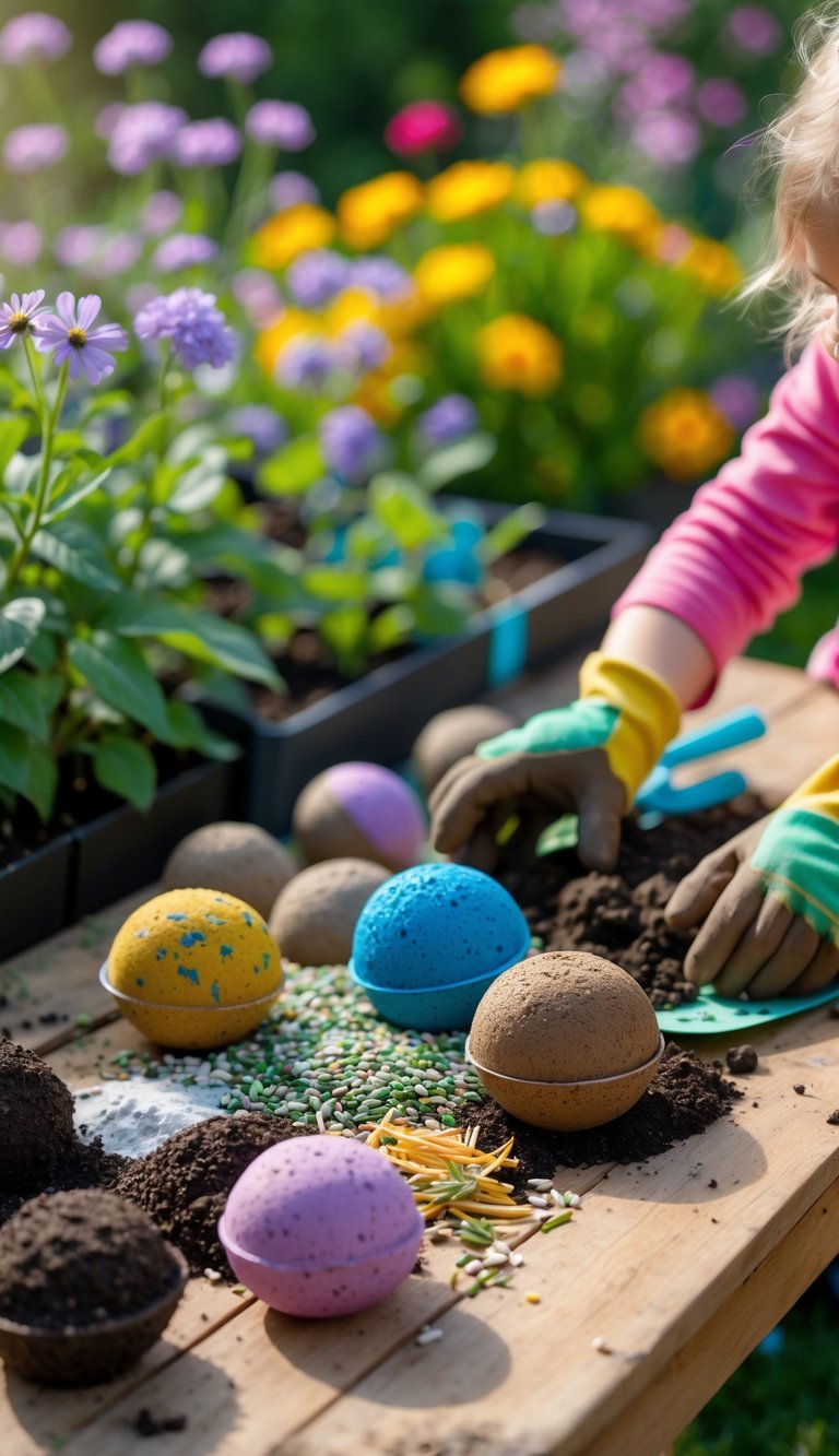 Children making round seed bombs for planting flowers at a wooden table with gardening materials and blooming flowers around.
