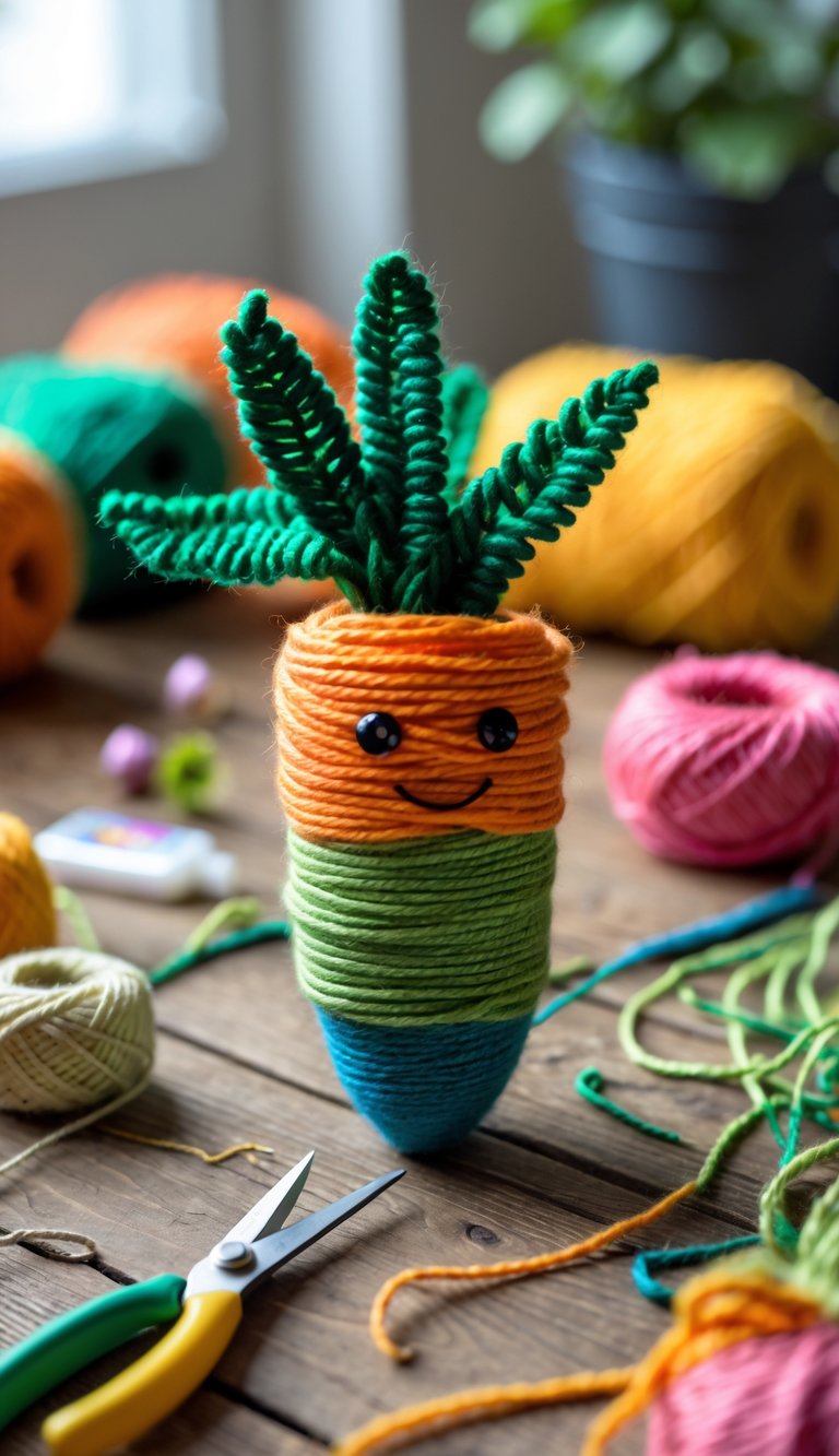 A yarn-wrapped carrot craft made with orange and green yarn on a wooden table surrounded by crafting supplies.