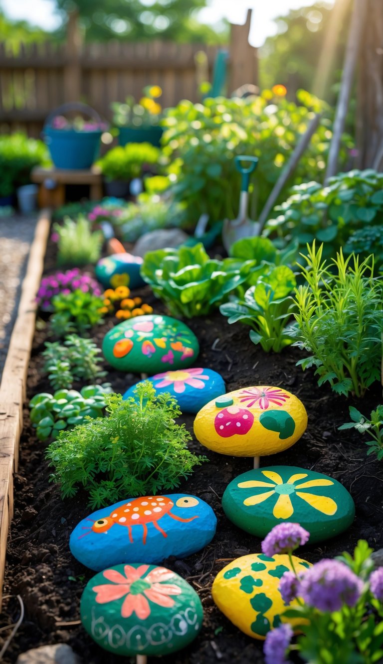 A garden bed with colorful painted rocks used as markers among various plants and flowers.
