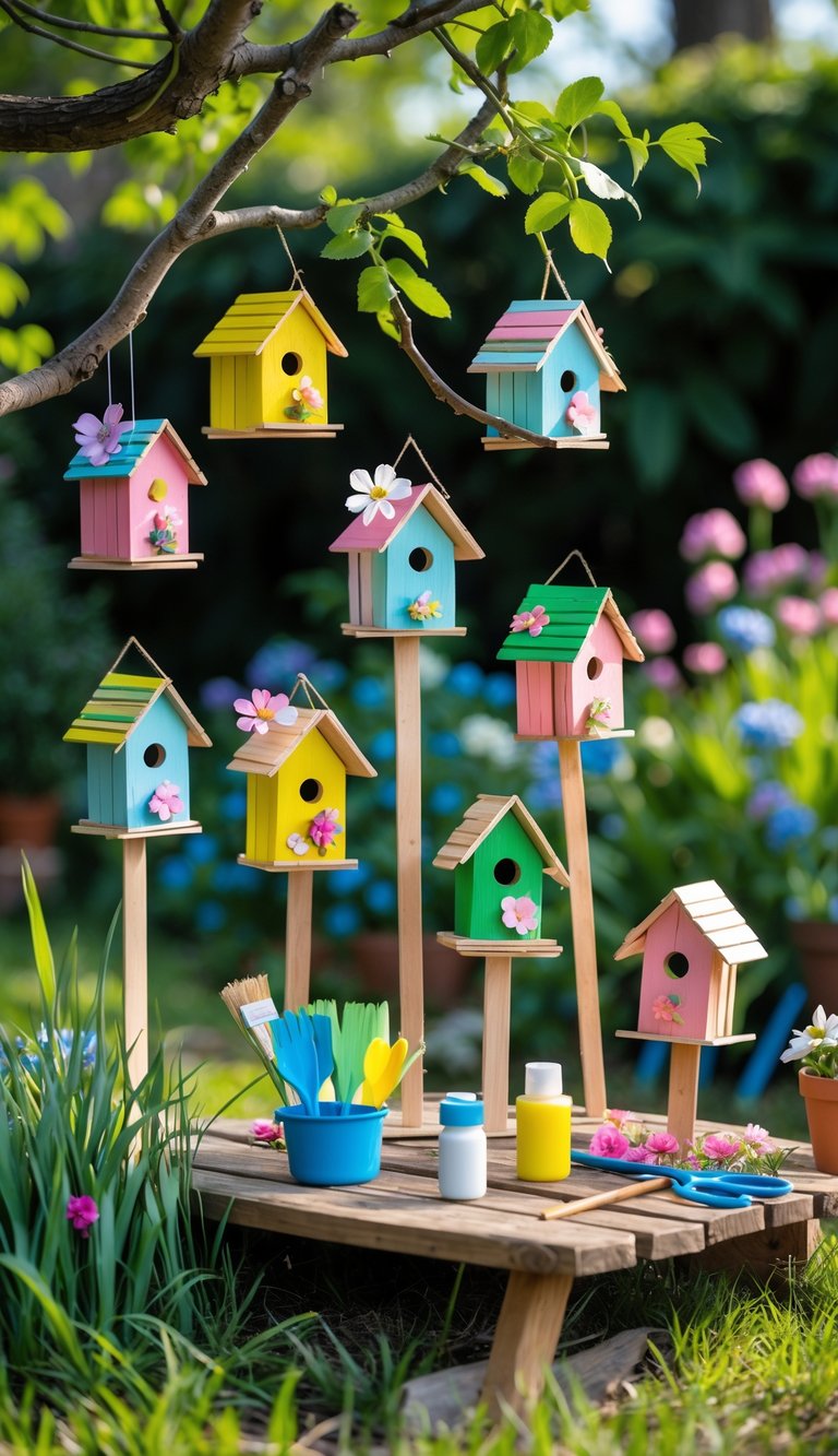 A garden scene with colorful popsicle stick birdhouses displayed among flowers and grass, with craft tools nearby.