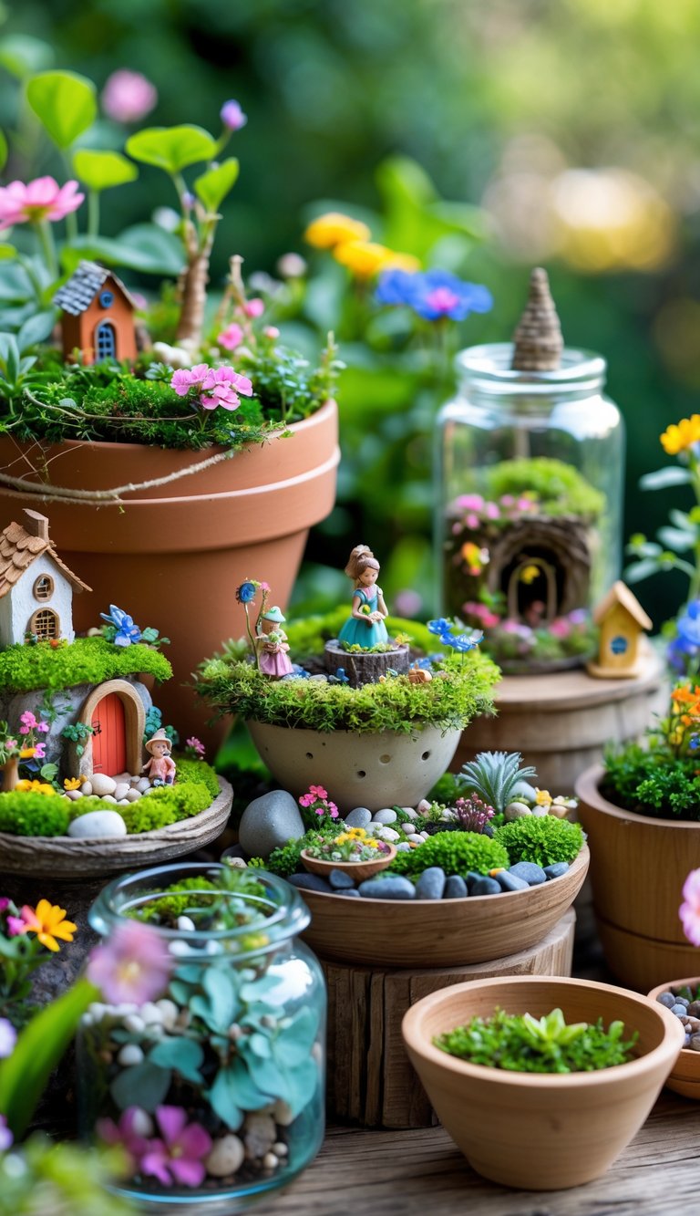 Several miniature fairy gardens with tiny houses, plants, and figurines arranged in different containers on a table outdoors.