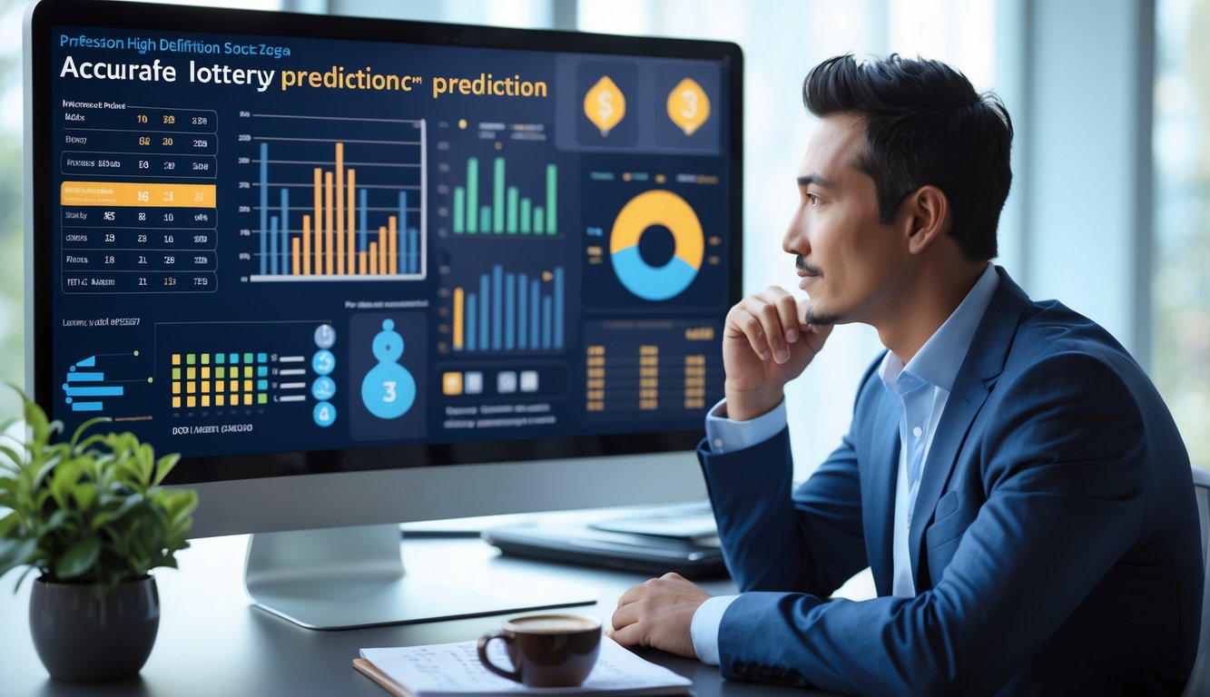 Seorang profesional sedang menganalisis data togel dengan layar komputer dan catatan di meja kerja.