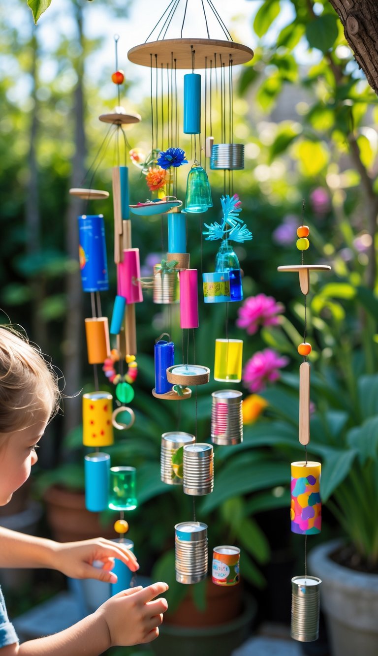 Colorful wind chimes made from recycled materials hanging in a garden with plants and flowers, with children’s hands interacting with them.