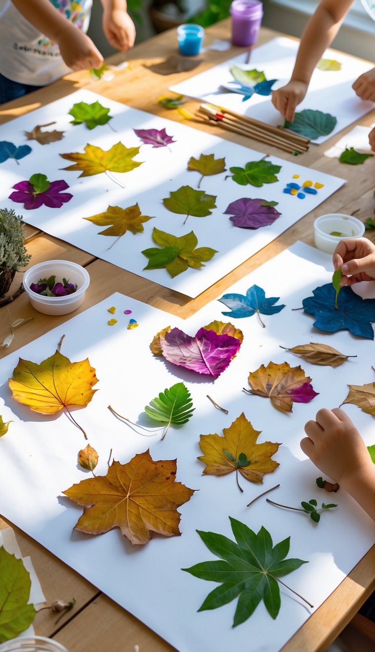 Children creating pressed leaf art projects on a wooden table with leaves, glue, and craft supplies.
