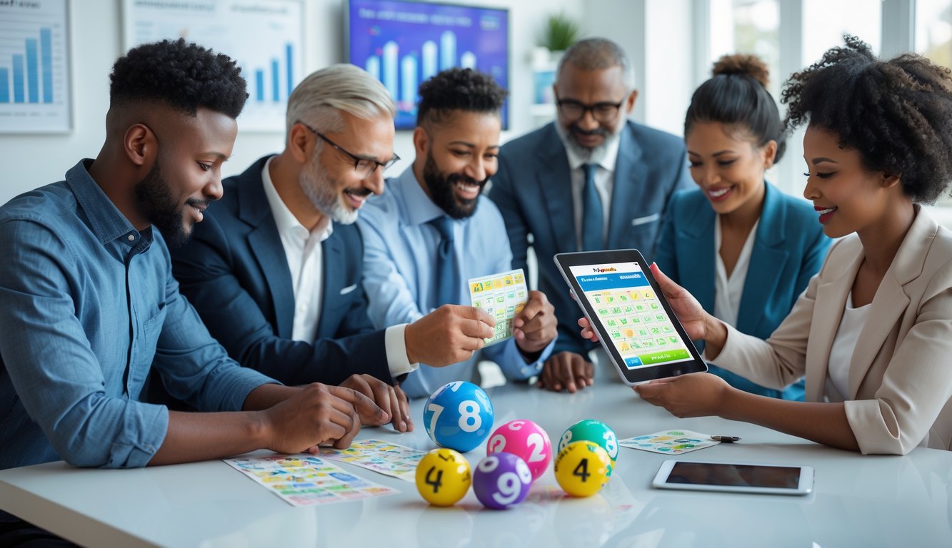 Beberapa orang sedang memeriksa tiket lotere dan berdiskusi di ruangan terang dengan bola lotere berwarna-warni di atas meja.