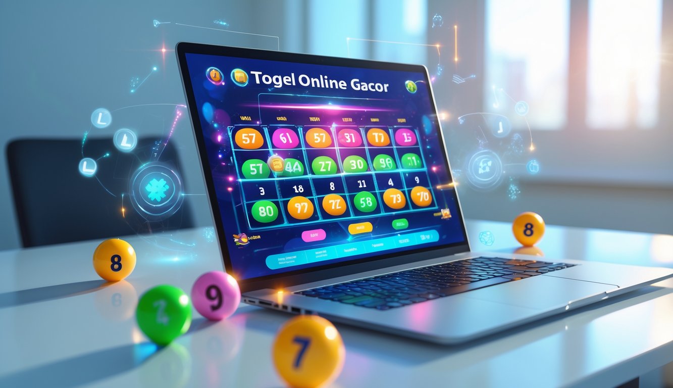 Sebuah laptop modern menampilkan antarmuka lotre online dengan bola lotre berwarna dan angka, di atas meja kerja yang terang dan rapi.