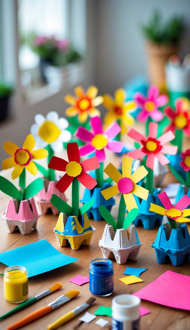Colorful egg carton flowers arranged on a table with craft supplies around them.