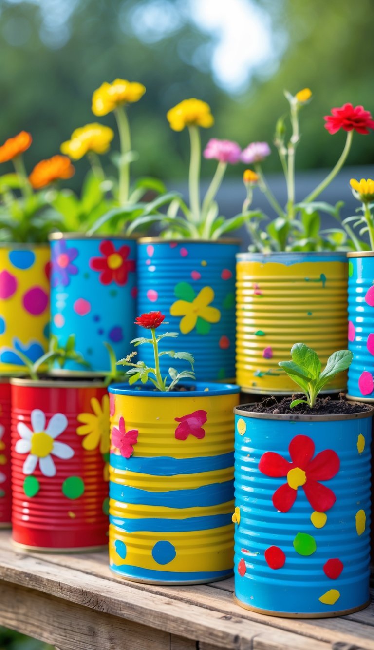 Colorful painted tin cans used as planters with small plants inside, arranged on a wooden table outdoors.