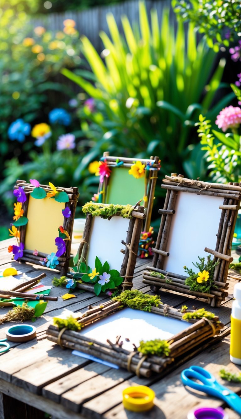 Handmade twig picture frames decorated with leaves and flowers displayed on a wooden table outdoors with craft supplies and garden plants around.