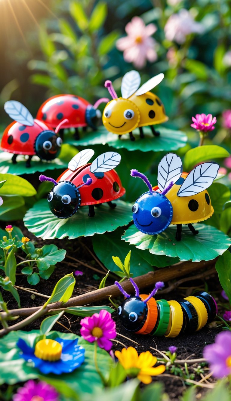 Colorful garden creatures made from painted bottle caps arranged on leaves and flowers in a bright outdoor garden.