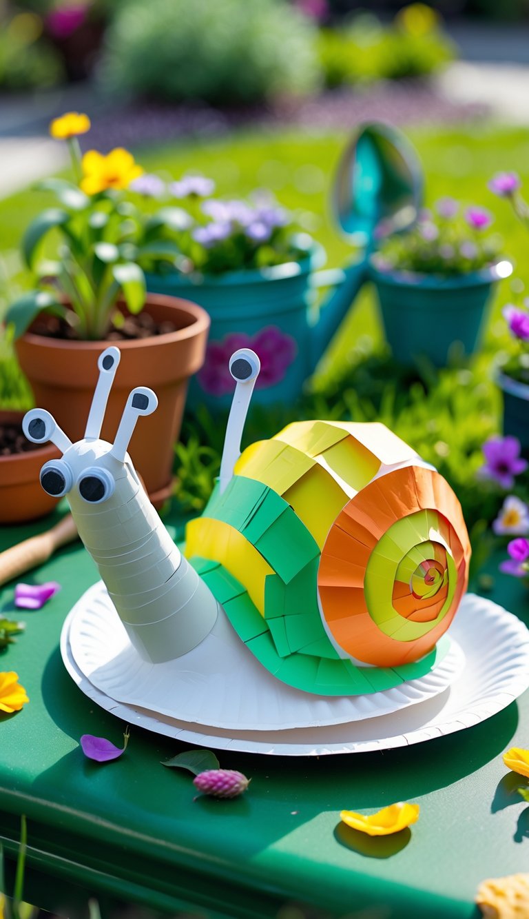 A colorful paper plate snail craft on a garden table surrounded by plants and gardening tools in a sunny outdoor setting.