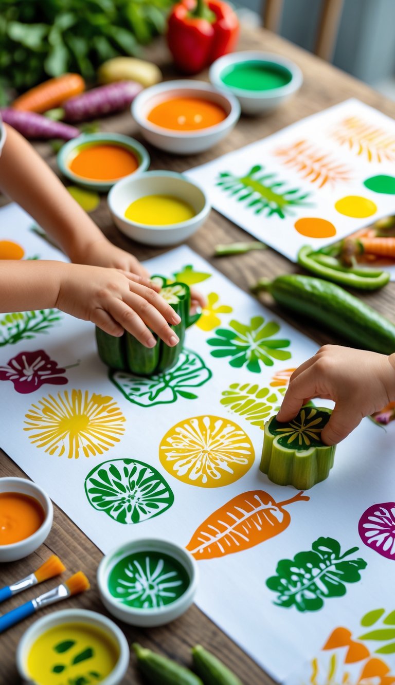 Children's hands creating vegetable stamping art with fresh vegetables, paint, and paper on a wooden table.
