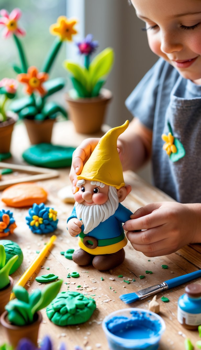 Child's hands shaping a small garden gnome figure from colorful clay on a wooden table with crafting tools and materials nearby.