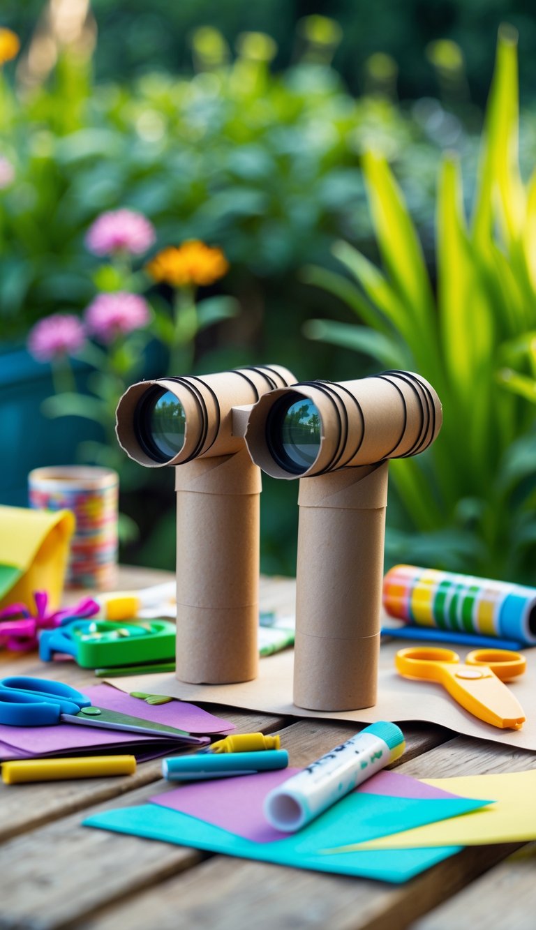 A pair of paper tube binoculars on a wooden table surrounded by craft supplies in a garden with green plants and flowers.