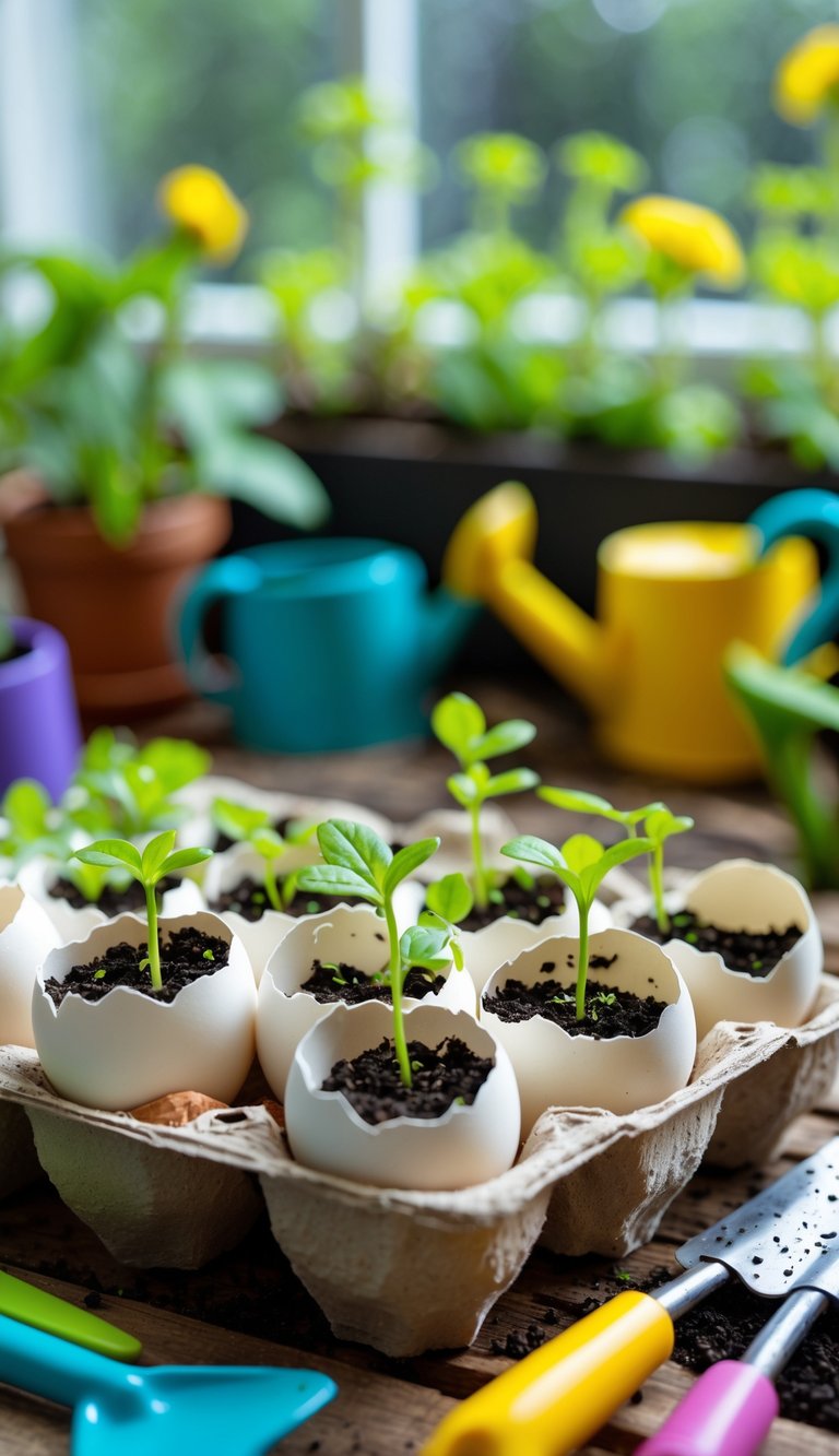 Close-up of eggshells filled with soil and small green seedlings arranged on a wooden tray with gardening tools nearby.
