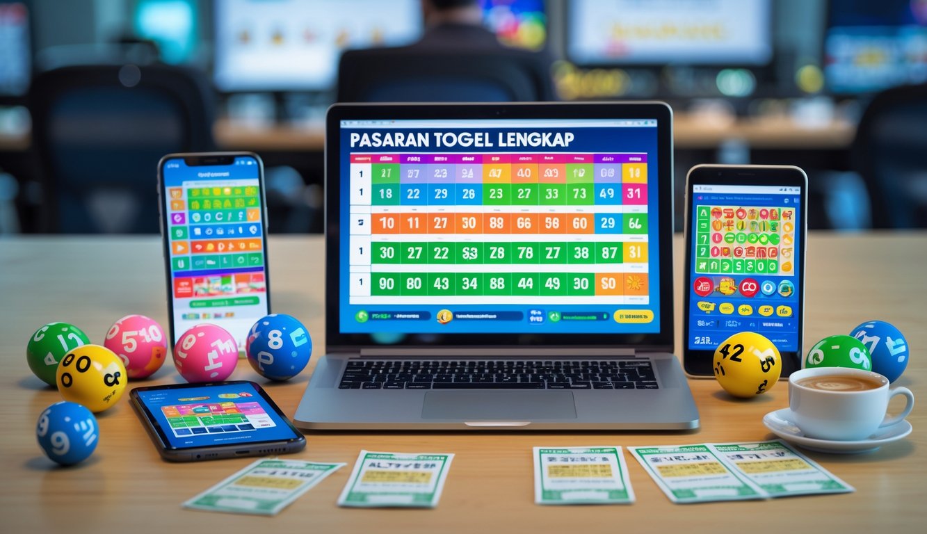 Meja kerja dengan perangkat digital dan bola lotere berwarna, menampilkan suasana pasar togel lengkap.