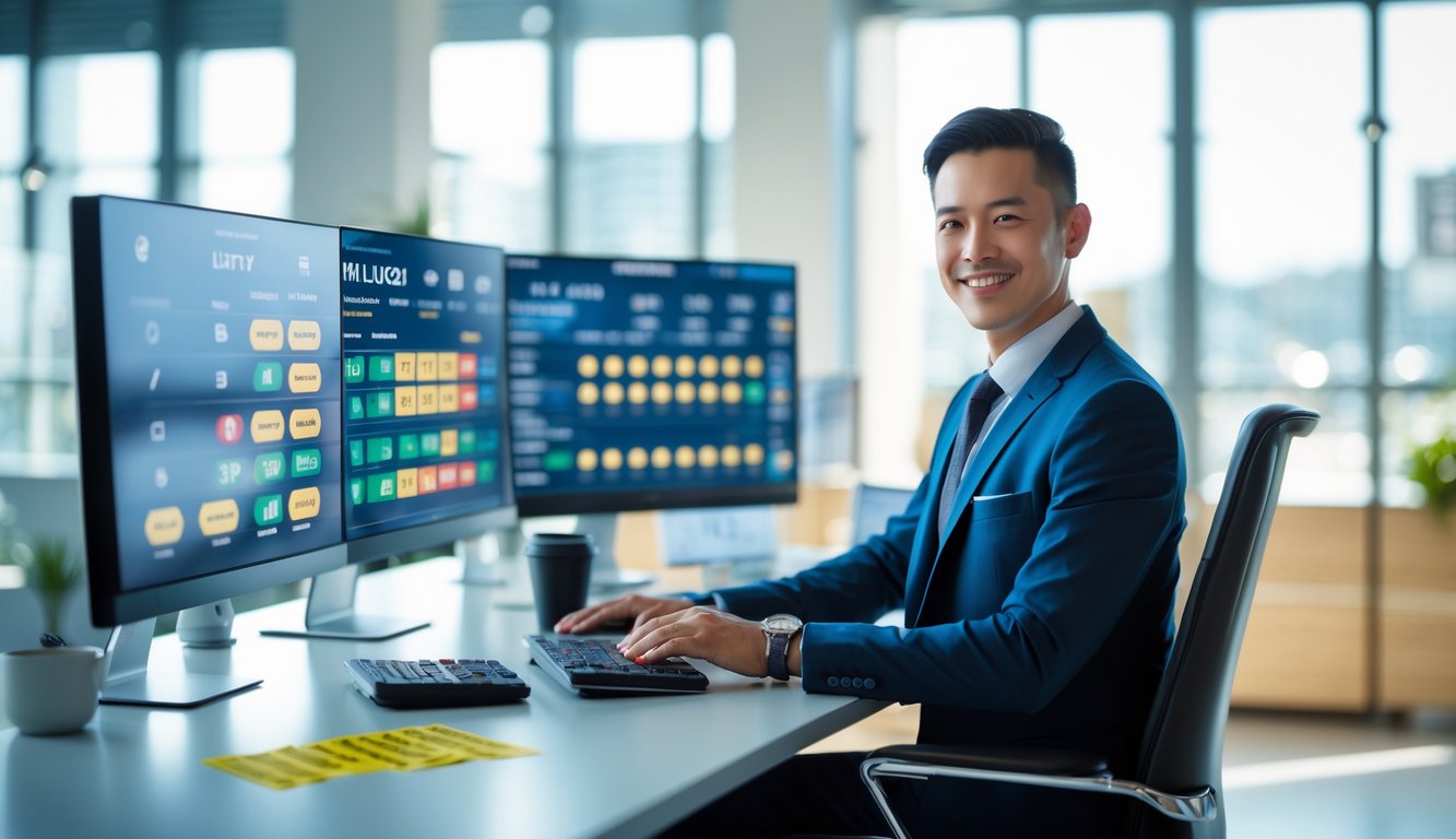 Seorang pebisnis duduk di meja kantor dengan beberapa monitor komputer yang menampilkan angka lotre dan data, di ruang kerja terang dan rapi.
