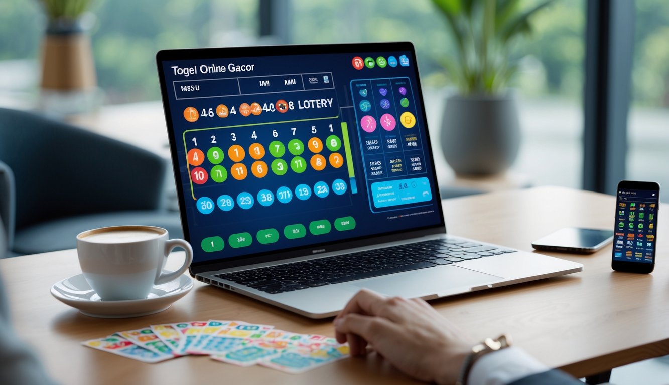 Meja kerja dengan laptop, tiket lotre, ponsel, dan secangkir kopi di atasnya.