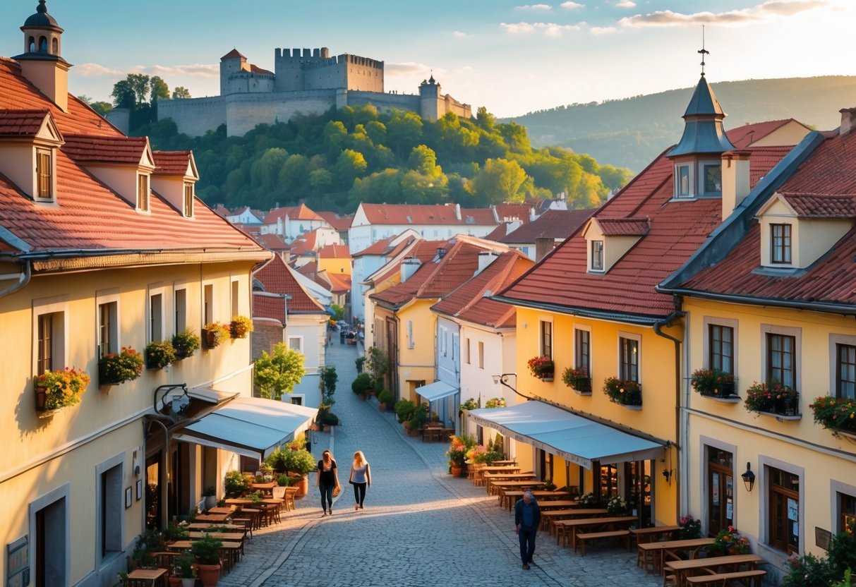 A medieval town with cobblestone streets, historic buildings, a castle on a hill, and people walking and sitting at outdoor cafes under a sunny sky.