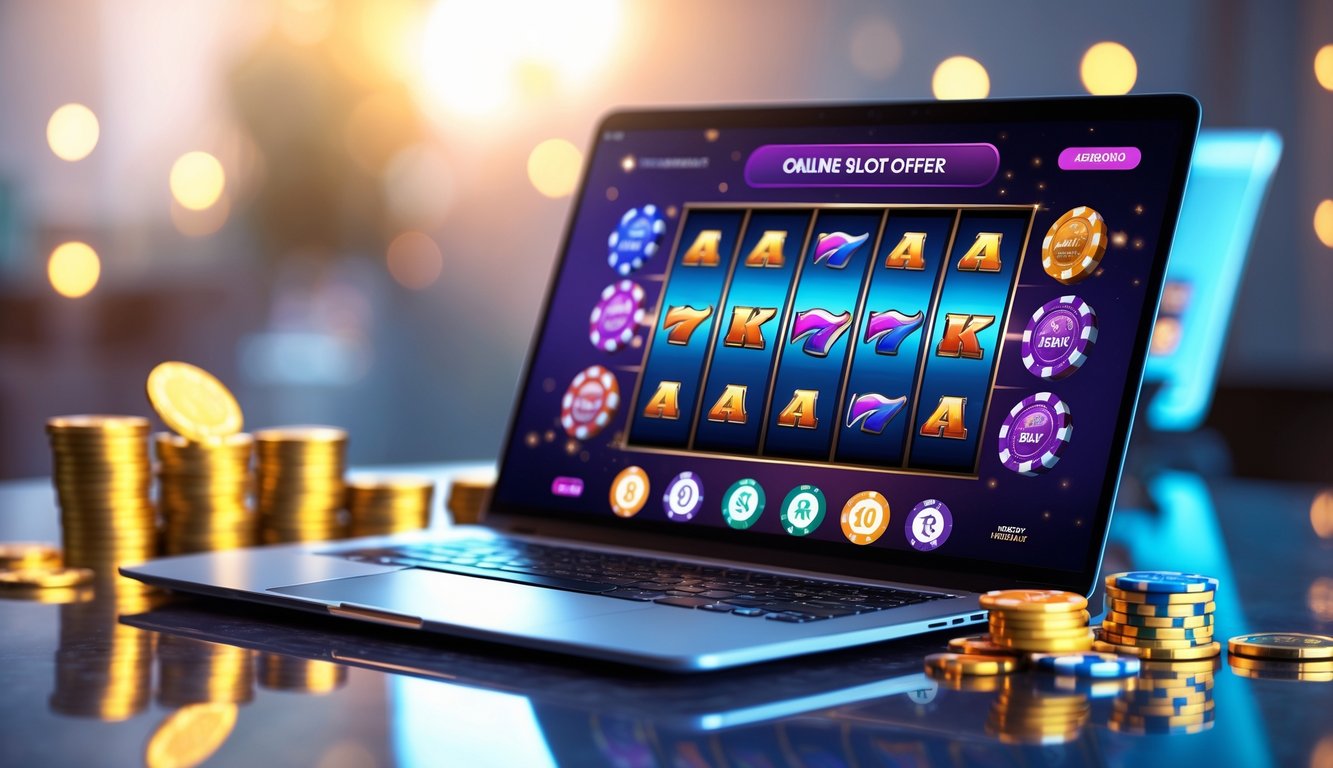 Seorang laptop modern menampilkan permainan slot online dengan koin emas dan chip poker di sekitarnya di atas meja.
