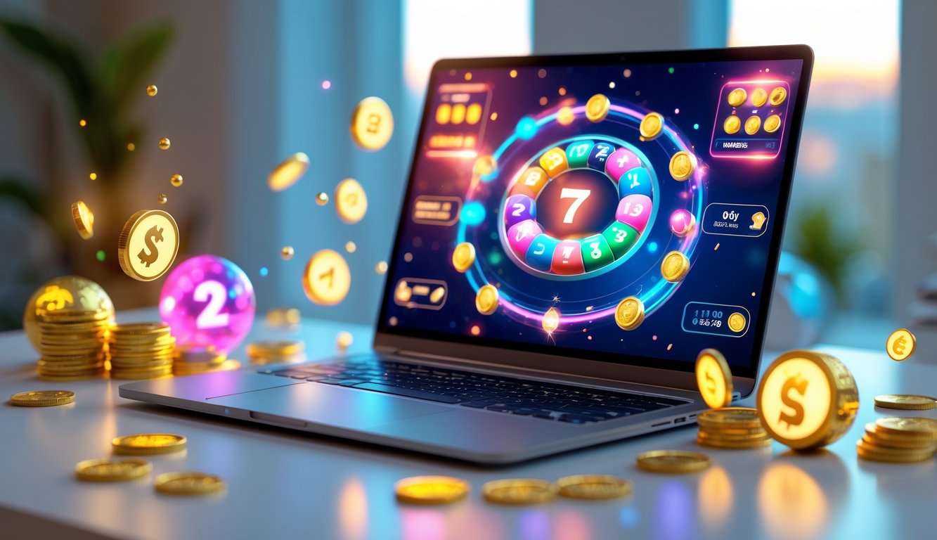 Sebuah laptop modern di atas meja dengan tampilan permainan angka dan elemen keberuntungan seperti koin emas dan bola lotre di sekitarnya.