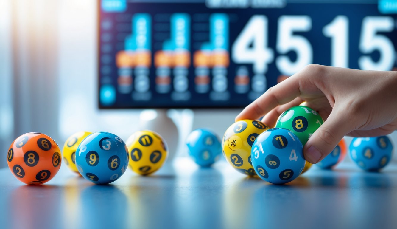 Tangan memegang bola lotere berwarna-warni dengan angka, di atas meja modern dengan layar digital menampilkan angka dan grafik di latar belakang.