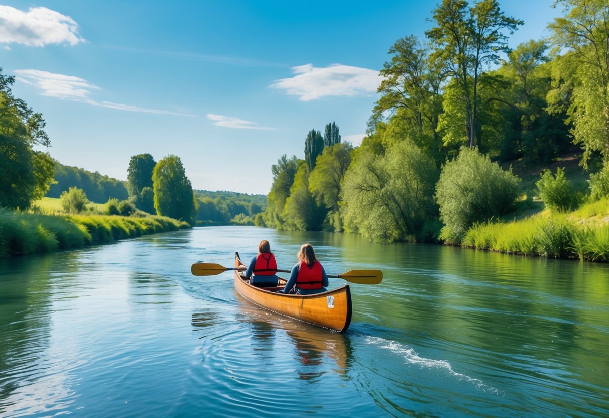 Two people canoeing on a calm river surrounded by green trees under a blue sky.