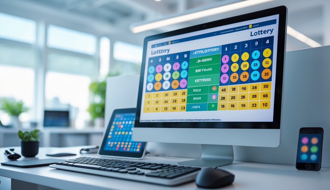 Suasana ruang kerja modern dengan komputer menampilkan angka lotere dan grafik, di kantor yang terang dan rapi.
