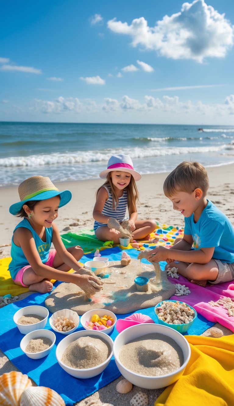 Children sitting on a beach making sand slime crafts with bowls of sand and seashells around them.