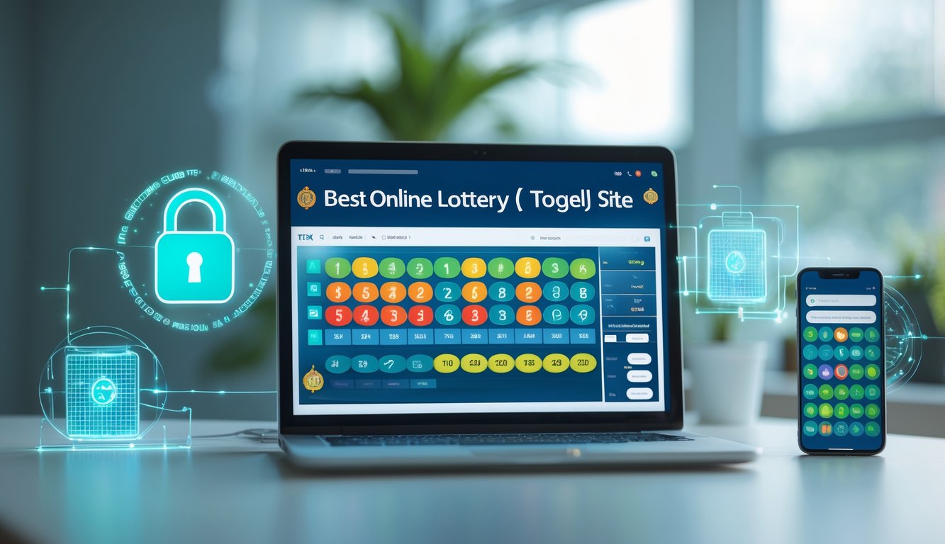 Meja kerja dengan laptop dan ponsel menampilkan angka togel dan grafik, dikelilingi elemen digital bercahaya, menggambarkan situs togel online terbaik.