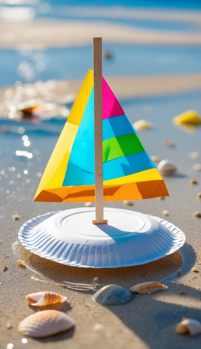 A small sailboat made from a paper plate and colorful paper sail floating on calm water near a sandy beach with seashells.