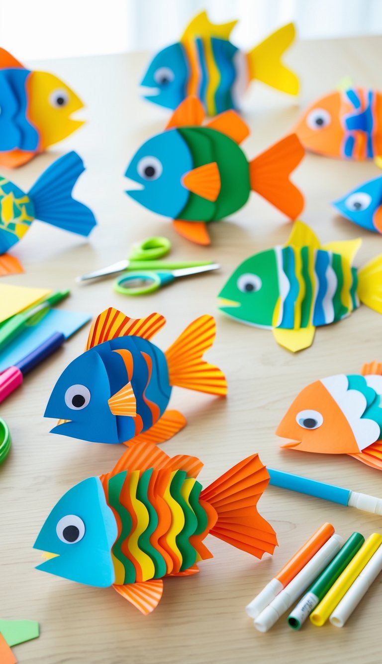 A table with colorful tropical fish paper crafts and crafting materials arranged for a kids' beach craft activity.