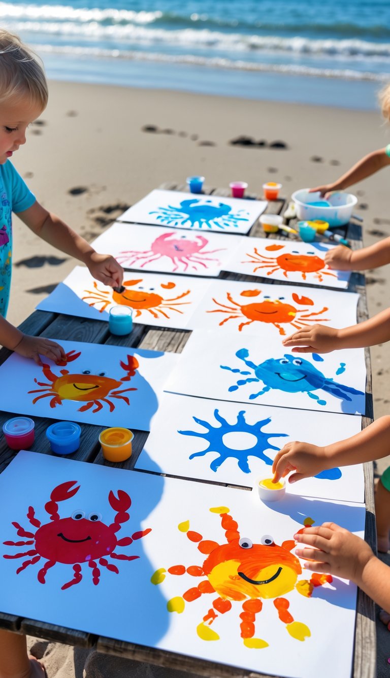 Children making colorful ocean animal handprint crafts on paper at a beach with art supplies and the sea in the background.