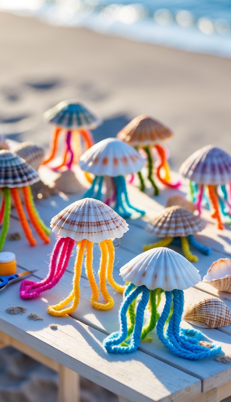 Colorful seashell jellyfish crafts made by children displayed on a wooden table with beach supplies and a sandy beach in the background.