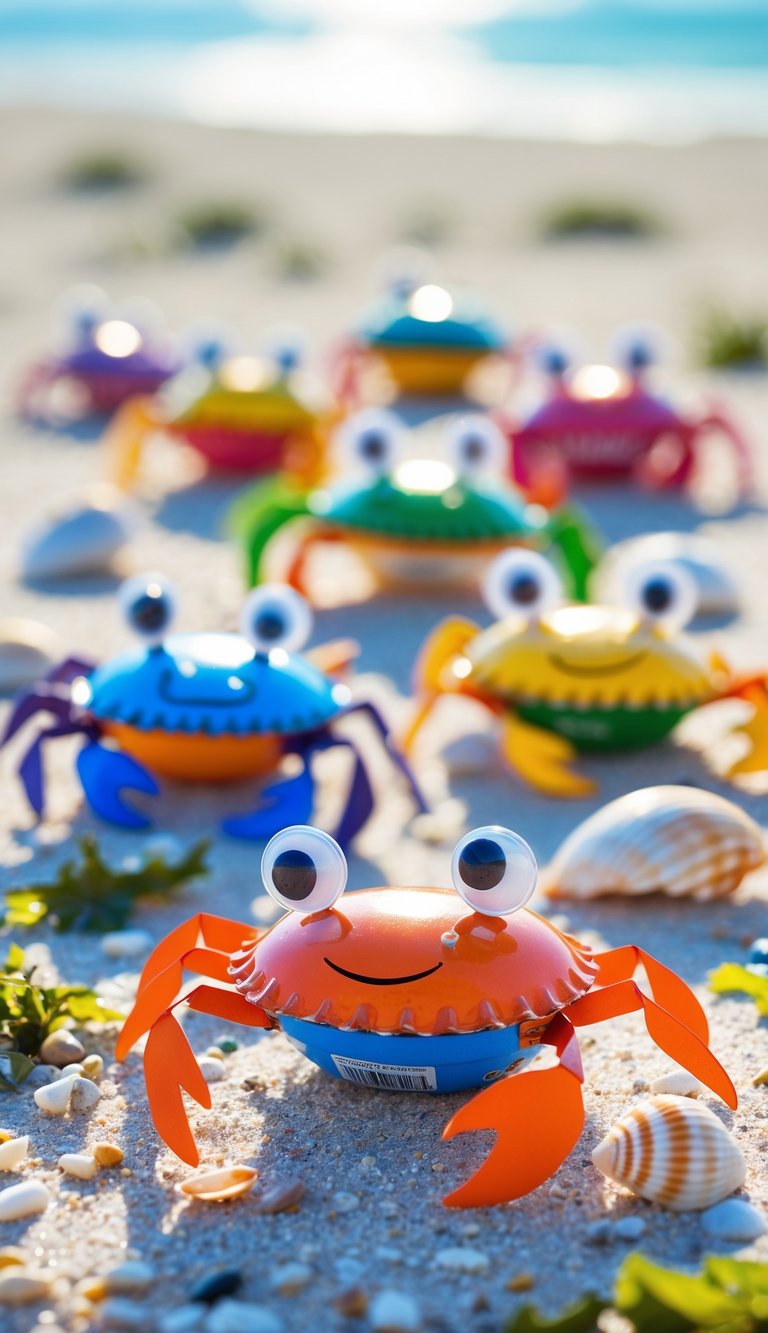 Colorful handmade bottle cap crabs arranged on sand with seashells and beach elements around them.